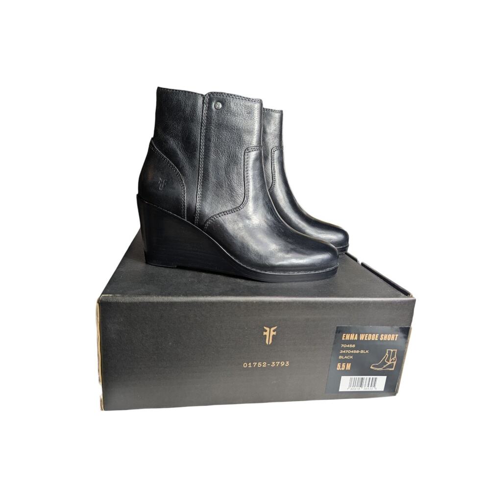Frye Emma Wedge Short Boot Women Sz 5.5 Black Leather Short Ankle Booties 70458